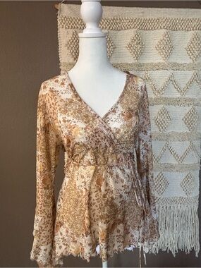 Vintage Patchwork Floral Sheer Bell Sleeve Blouse